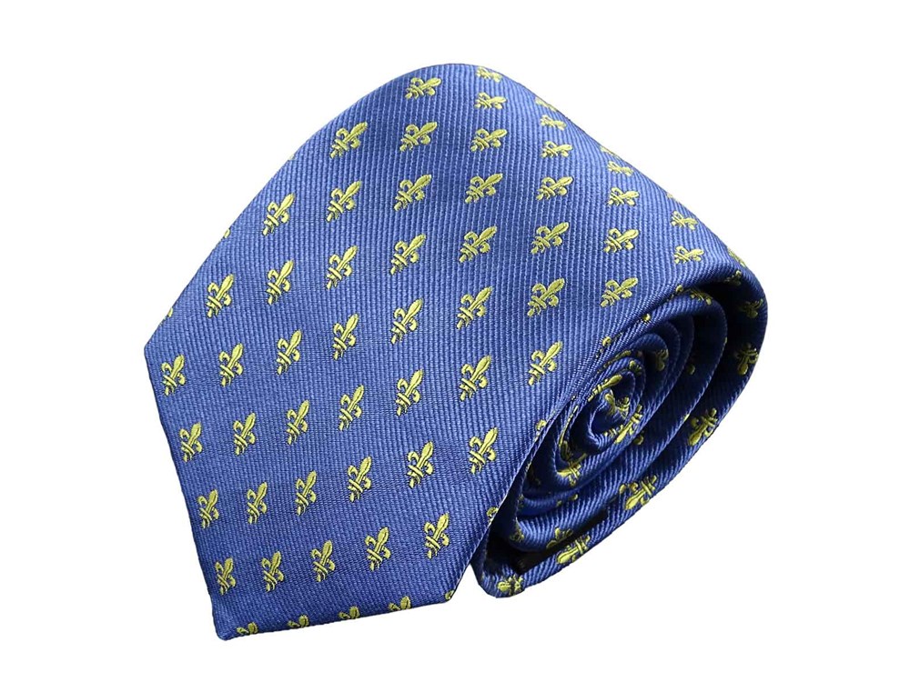 Krawatte Fleur de Lis - 100% Seidenkrawatten. Edel Männer-Design Krawatte blau für Business, Hochzeit - 150 x 8 cm - Hellblau gold