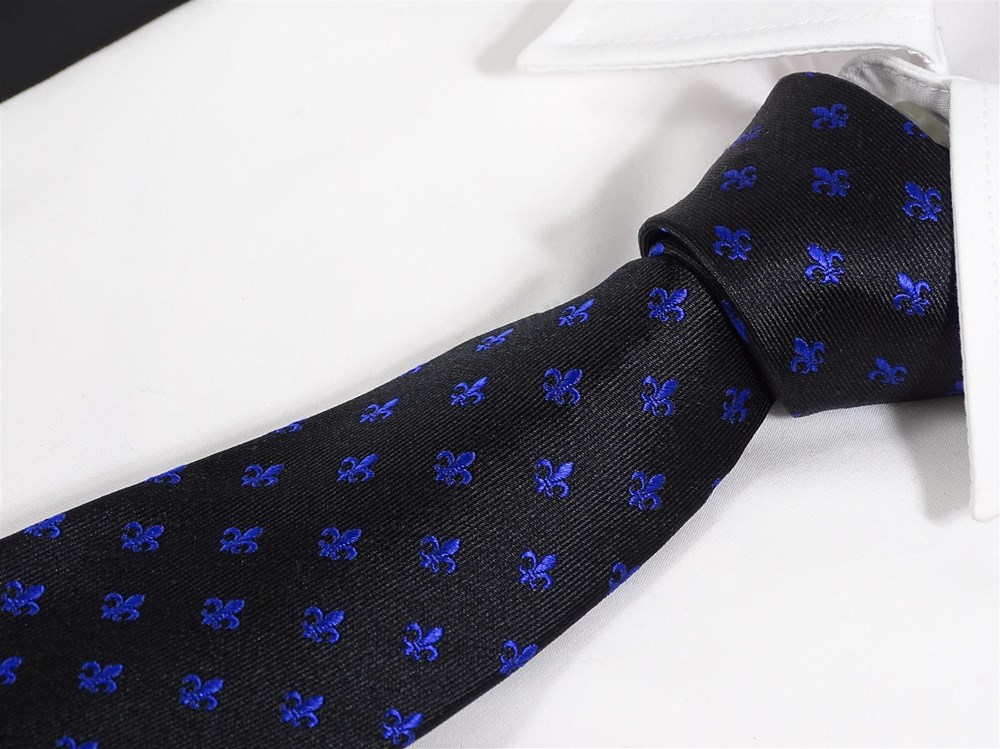 Krawatte Fleur de Lis - 100% Seidenkrawatten. Edel Männer-Design Krawatte blau für Business, Hochzeit - 150 x 8 cm - Schwarz blau
